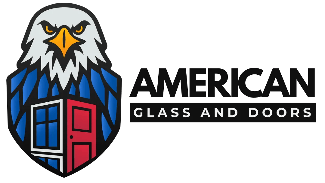 Elementor Header #58: Eagle logo with glass and door design for American Glass and Doors company | American Glass and Door