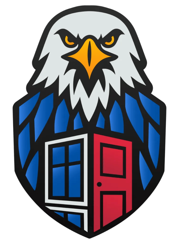 Elementor Header #58: Eagle emblem with door and window, symbolizing security and entry | American Glass and Door