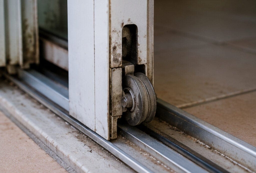 Close-up of a Sticking Sliding Glass Door Wheel and Track. Repair your Sliding Glass Door fast! | American Glass and Door